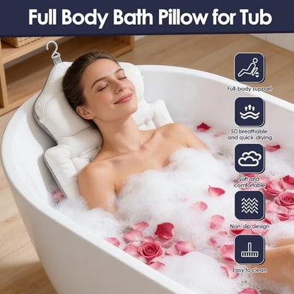 Full Body Bath Pillow for Tub, Thick Luxury Bathtub Cushion, with Removable Lumbar Pillow, 5D Air Mesh & 192 Non-Slip Suction Cups, Fits All Tubs