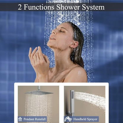 16 Inch Brushed Nickel Ceiling Mount Shower System Bathroom Luxury Rain Mixer Shower Combo Set Ceiling Rainfall Shower Head System Faucet Contain Rough-in Valve and Trim Included - color: Brushed Nickel, size: 16 Inch