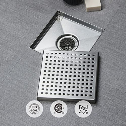 SaniteModar Square Shower Drain 4 inch Brushed with Square Hole Cover | 304 Stainless Steel Brushed Shower Drain with Hair Catcher and Threaded Adapter - color: Quadrato Pattern Grate, size: 4 inch