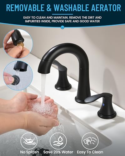 Bathroom Faucet Matte Black 8 Inch Certerset 3 Hole 2 Handles Faucet, BF-106B, 14 Inch Pull Down Out Sprayer Washing Pet & Cleaning, 360 Swivel Spout Widespread Coverage Vanity - color: Matte Black