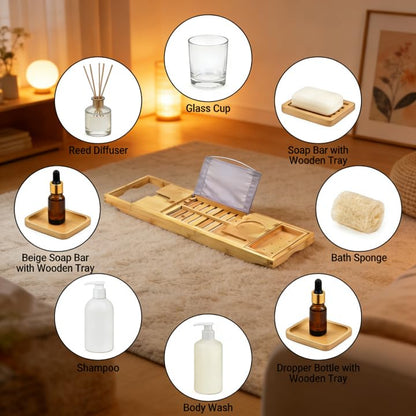 70-105CM Extendable Bamboo Bathtub Tray Caddy with Cup Holder for Spa | Non-Slip Pads, Book Stand, Wine Glass Holder, Fits Most Bath Tubs