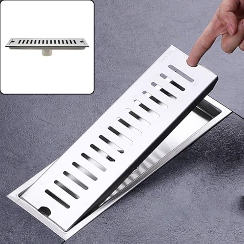 Dnyta 12 Inch Linear Shower Drain for Bathroom Shower (Silver, Fence Style) | 304 Stainless Steel Floor Drain Shower Drain with Drain Grate Removable & SS Hair Strainer, for Bathroom Kitchen or Toilet - style: Silver Fence Style + Stainless Steel Strainer