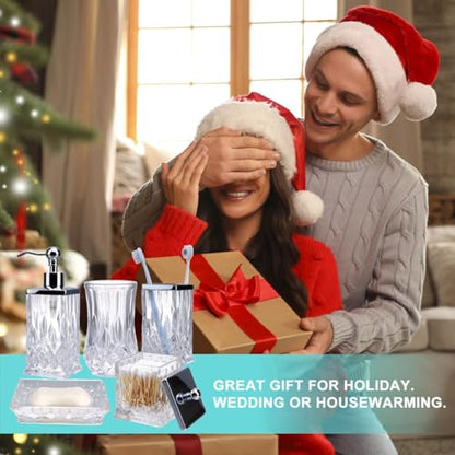 Clear Bathroom Accessories, Square Thick Glass & Metal Pump | Beautiful & weight, 5 pcs soap dispenser, toothbrush holder, soap dish, tumbler & jar, for mission/amish style - style: Square(Clear)