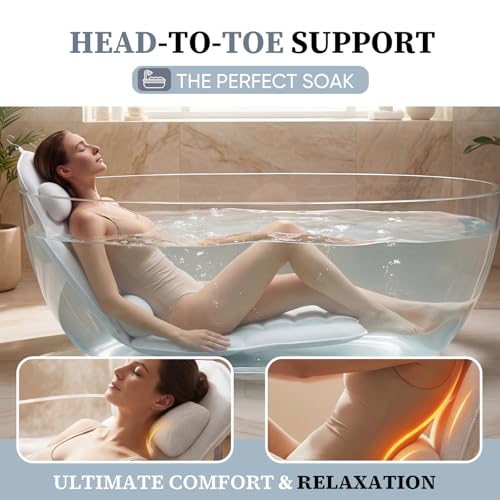 Full Body Bath Pillow for Bathtub, Adjustable Bathtub Pillows, White | Head & Neck Support, Extra Long Thick Bathtub Cushion with 192 Non-Slip Power Suction Cups, Spa Bathing Present (52" x 17")