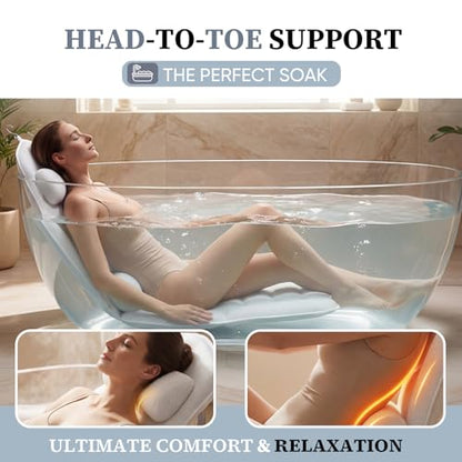 Full Body Bath Pillow for Bathtub, Adjustable Bathtub Pillows, White | Head & Neck Support, Extra Long Thick Bathtub Cushion with 192 Non-Slip Power Suction Cups, Spa Bathing Present (52" x 17")
