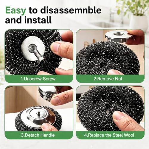 3Pcs Steel Wool Scrubber with Handle, Stainless Scrubber Steel Wool Cleaning Tools for Cleaning Tableware, Kitchen Pots, Pans and Sinks