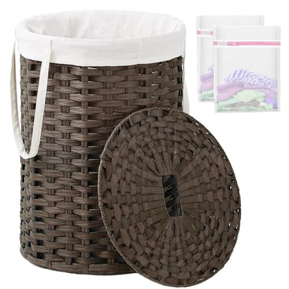 SETVSON Laundry Hamper with Lid, 19.0 Gal (72 L) Round PE Rattan, Brown | 72L Woven Hamper with Lid, Removable Washable Liner Bag, 2 Mesh Laundry Bags, Strong Steel Frame, Foldable Long Handles - color: Brown, size: 72 L