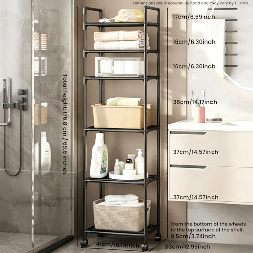 GOESWELL Storage Cart 6 Tier Slim Rolling Utility with Wheels for Bathroom | Storage Cart For Bathroom 6 Tier Slim Rolling Utility With 2 Lockable Casters Narrow Metal Shelving Unit