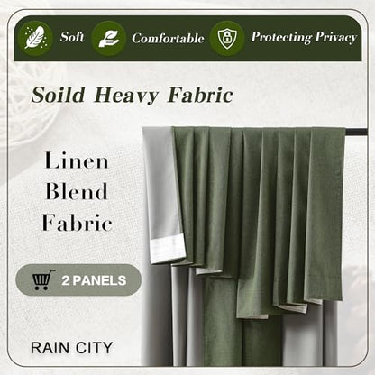 RAIN CITY Dark Olive Green Blackout Curtains Linen 80 Inches Long 2 Panels Set, Back Tab Pleated Look Thermal Insulated Curtains & Drapes for Living Room - Loden/Olive Forest W50 x L80 | Back Tab Rod Pocket Linen Blend Thermal Insulated Curtains & Drapes