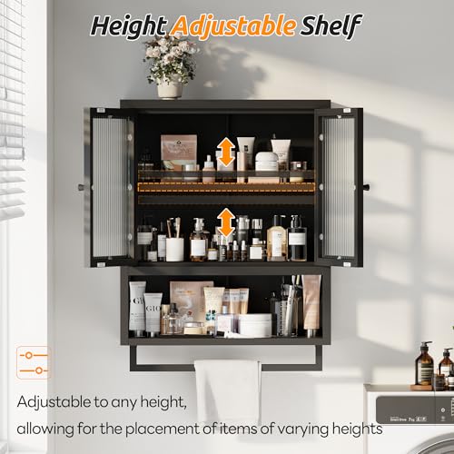 Bathroom Wall Cabinet, Over The Toilet Space Saver Storage Cabinet, Medicine Cabinet with 2 Glass Door and Towel Bar, Metal Wall Mounted Cabinet for Bathroom Laundry Room Kitchen - color: Upgraded Black