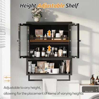 Bathroom Wall Cabinet, Over The Toilet Space Saver Storage Cabinet, Medicine Cabinet with 2 Glass Door and Towel Bar, Metal Wall Mounted Cabinet for Bathroom Laundry Room Kitchen - color: Upgraded Black