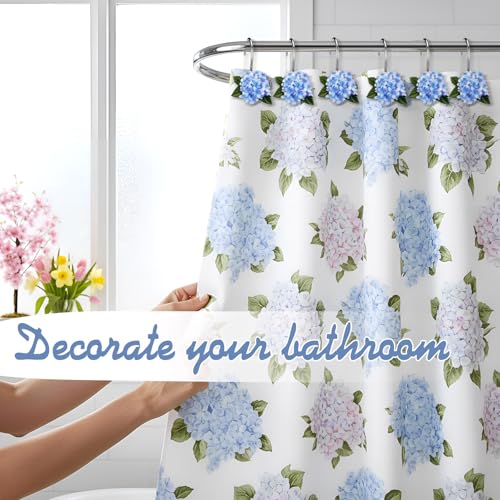 12 Pcs Hydrangea Decorative Shower Curtain Hooks Blue Flower Shower Curtain Rings Hanger Stainless Steel Resin Spring Floral Themed Hooks for Home Bathroom Decor - style: Hydrangea