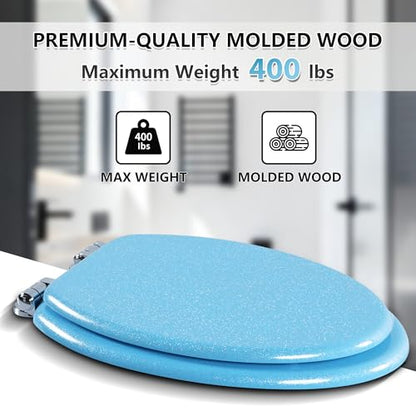 Angol Shiold Glitter Toilet Seat Molded Wood Elongated Toilet Seat with Quietly Close and Quick Release Hinges, Easy to Clean also Easy to Install (Elongated 18.5'', Blue) - color: Blue, size: Elongated 18.5‘’