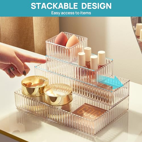 Vtopmart 7 PCS Clear Makeup Drawer Organizers Bins, 4-Size Stackable Makeup and Vanity Organizer Trays, Acrylic Bathroom Storage Containers for Cosmetic, Toiletries, Office Supply, Utensils, Gadgets | Vanity Organizer Trays for Makeup, Cosmetics, Jewelry,
