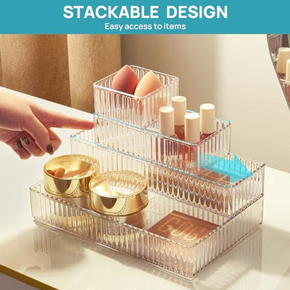 Vtopmart 7 PCS Clear Makeup Drawer Organizers Bins, 4-Size Stackable Makeup and Vanity Organizer Trays, Acrylic Bathroom Storage Containers for Cosmetic, Toiletries, Office Supply, Utensils, Gadgets | Vanity Organizer Trays for Makeup, Cosmetics, Jewelry,