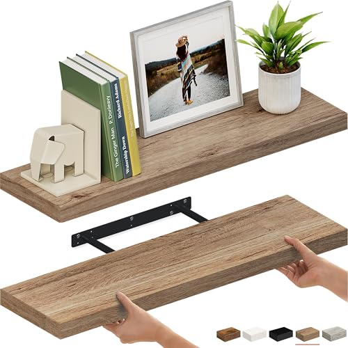 Ballucci Floating Shelves for Wall, 36" Wood Wall Shelf Set of 2, with Invisible Brackets for Bathroom, Living Room, Bedroom, Kitchen, Nursery, 8" Deep, Oak Finish - color: Natural Oak, size: 35.4 inches