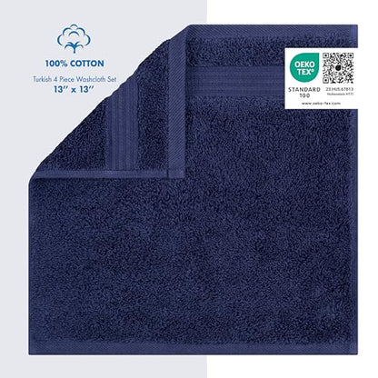 Cotton Paradise 100% Cotton Turkish Towel Set, Soft Absorbent Quick Dry, 4 Piece Washcloth Set, Navy Blue - color: Navy Blue, size: 13"x13"