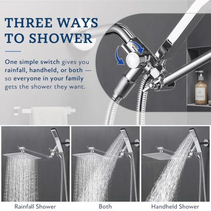 G-Promise All Metal 10" Dual Square Shower Head Combo | Rain Shower Head | Handheld Shower Wand | Adjustable | Smooth 3-Way Diverter | 71" Extra Long Hose - A Bathroom Upgrade (Chrome) | Built to Last, Easy Install, Adjustable Height & Angle for All Heigh