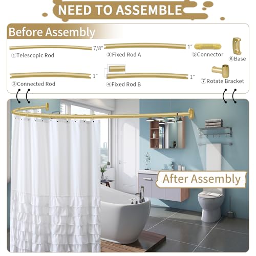 Curved Shower Curtain Rod 35-82In(2.9-6.8Ft), Gold Round Rustproof Shower Rod for Bathroom Bathtub, Adjustable Arched Shower Curtain Rod, Never Rust|Extra Space|Non-Slip|Expandable|Need to Drill. - color: Gold