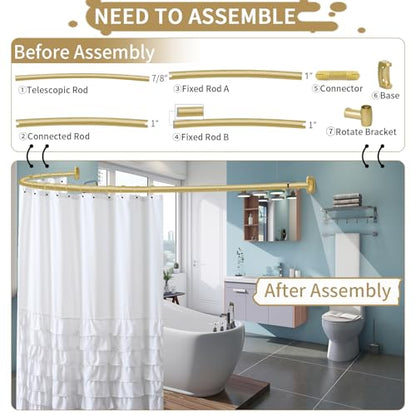 Curved Shower Curtain Rod 35-82In(2.9-6.8Ft), Gold Round Rustproof Shower Rod for Bathroom Bathtub, Adjustable Arched Shower Curtain Rod, Never Rust|Extra Space|Non-Slip|Expandable|Need to Drill. - color: Gold