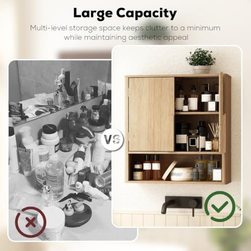 RUSTOWN Wall Mounted Bathroom Cabinets with Rounded Edges & Curved Handles | Adjustable Shelf, 3-Tier Over The Toilet Storage Cabinets, Modern Medicine Cabinet for Laundry Kitchen Living Room - color: Natural Oak