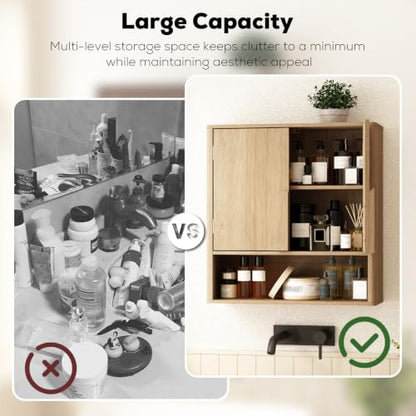 RUSTOWN Wall Mounted Bathroom Cabinets with Rounded Edges & Curved Handles | Adjustable Shelf, 3-Tier Over The Toilet Storage Cabinets, Modern Medicine Cabinet for Laundry Kitchen Living Room - color: Natural Oak