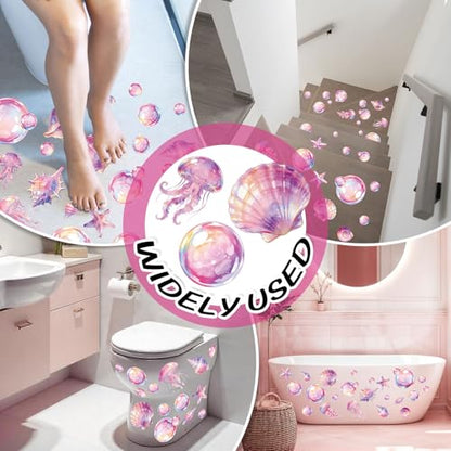 Whaline 30Pcs Bubble Non Slip Bathtub Stickers Adhesive Applique Decal Under the Sea Cartoon Bubble Shell Jellyfish Anti Slip Shower Tread with Scraper for Summer Bathroom Floor