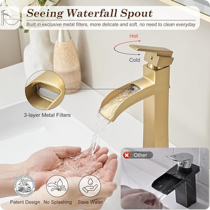 Brass Vessel Sink Faucets, Brushed Gold Tall Bathroom Faucet Single Handle, 1 Hole Bathroom Sink Faucet Waterfall Farmhouse Single Faucet Bathroom Sink with Pop-Up Drain & Pre-Installed Hoses - color: Brushed Gold - Elegant