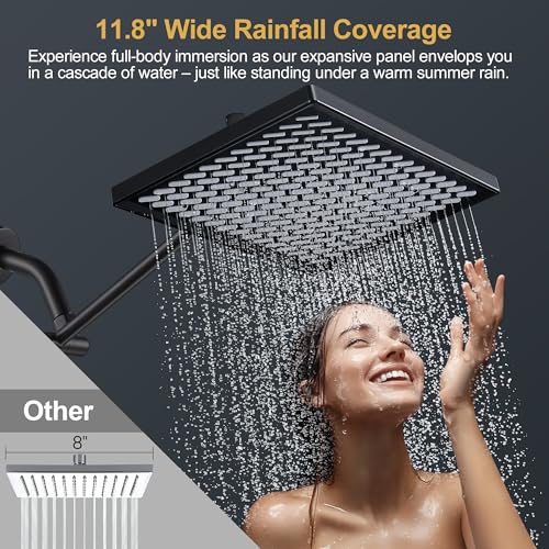 Cobbe Rainfall Shower Head for Bathroom, 11.8 Inch Large Rectangular with Adjustable Stainless Steel 11 Inch Extension Arm - Premium Quality Luxury Experience, 1-Min No Tools Installation, Black - color: Black