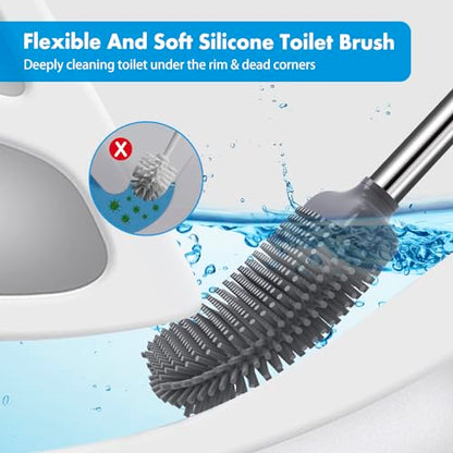 Silicone Toilet Brush and Holder, Flexible Bowl Brush Head with Ventilated Holder, Wall Mounted Compact Set for Bathroom Cleaning