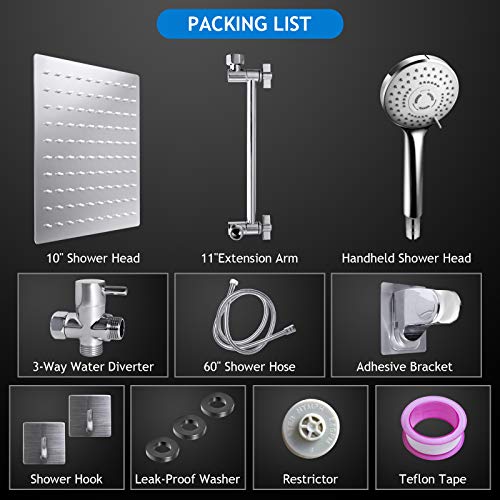 Shower Head Combo,10" High Pressure with 11" Extension Arm 5 Spray Handheld | Rain Shower Head with Handheld Shower Head Combo,Powerful Shower Spray Against Low Pressure Water with Long Hose - color: Chrome, size: 10" Showerhead Set