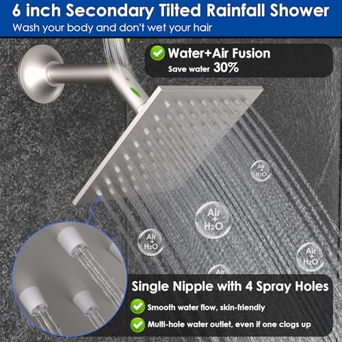 Enga Dual Heads Shower System with Body Jets, Shower Faucet Set 10 Inch Rainfall with 6 Inch Showerhead, 4 Body Jets with 2 in 1 Handheld Spray, Brushed Nickel - color: Brushed Nickel, style: Wall-10"+6"+4Jets