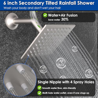 Enga Dual Heads Shower System with Body Jets, Shower Faucet Set 10 Inch Rainfall with 6 Inch Showerhead, 4 Body Jets with 2 in 1 Handheld Spray, Brushed Nickel - color: Brushed Nickel, style: Wall-10"+6"+4Jets