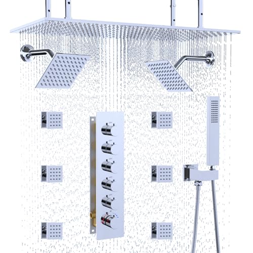 HOMEDEC 15.7x31.5" Rainfall Shower Head System, with 6 Body Jets with Handheld and Dual Side 6" Wall Mount Head, Chrome - color: Chrome, style: 5-Way + 2x 6" Top