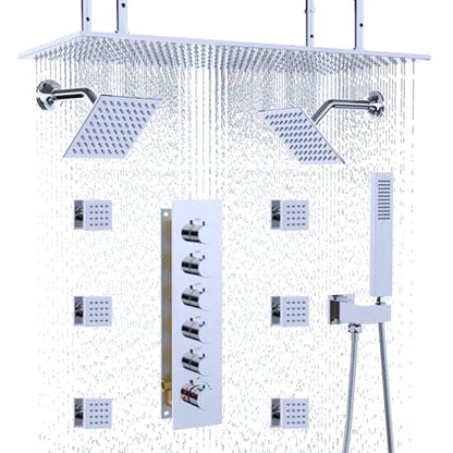 HOMEDEC 15.7x31.5" Rainfall Shower Head System, with 6 Body Jets with Handheld and Dual Side 6" Wall Mount Head, Chrome - color: Chrome, style: 5-Way + 2x 6" Top