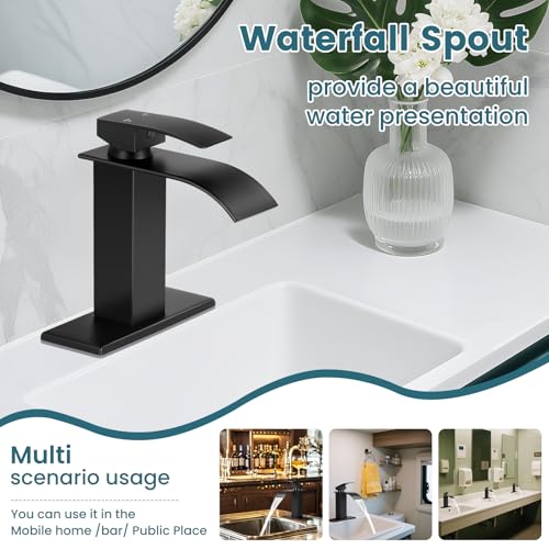 Bathroom Faucets Black Waterfall Single Handle Bathroom Sink Faucet | with Pop-up Drain & Deck,Supply Hoses,Matte Black Single Handle Vanity Faucet,Stainless Steel,1 or 3 Hole,RV,Fits Home - color: A-Matte Black, style: Short