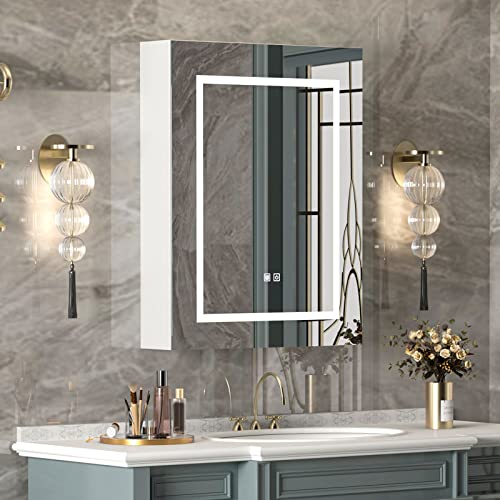 Lighted Medicine Cabinet with Mirror,3-Color Control,Mirror Medicine Cabinet with Storage Wall Mounted,Surface Mount Mirror Cabinet with Defogging,24x30 Inch - size: 24x30-Left Hinges
