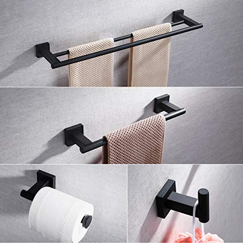 Miyili Matte Black 4-Piece Bathroom Hardware Kit Set Stainless Steel Wall Mount - Includes Double Towel Bar, Hand Towel Rack, Toilet Paper Holder, Robe Hook, BS02B4 - color: Matte Black