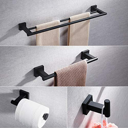 Miyili Matte Black 4-Piece Bathroom Hardware Kit Set Stainless Steel Wall Mount - Includes Double Towel Bar, Hand Towel Rack, Toilet Paper Holder, Robe Hook, BS02B4 - color: Matte Black