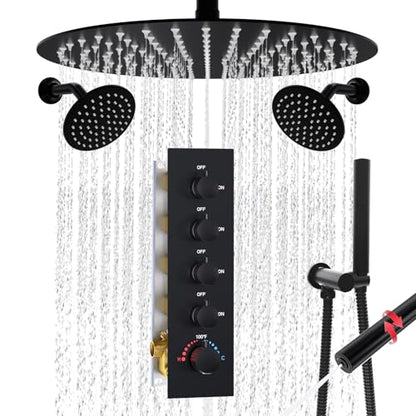 HOMEDEC 16inch Round Rain Shower System with Dual 6" Wall Mounted Shower Heads, 4 Way Shower Diverter Valve with 2-Function Handheld Shower, Black - color: Black, style: 4-Way + 2x 6" Top (No Jets)