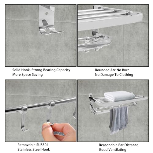 Foldable Towel Rack,Towel Hanger Towel Shelf with Double Towel Bars and Movable Hooks for Bathroom Lavatory,TTZEZE SUS304 Rustproof Modern Brushed Finish Towel Holder Wall Mount Silver (58cm/22.83'') - size: 58cm/22.83''