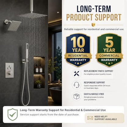 Thermostatic Dual Shower Head System, Brushed Nickel Shower Faucet | 12 Inch Ceiling Rainfall Shower, 6 Inch Wall Mount Head, High Pressure Handheld Sprayer, Push Button Valve - color: Brushed Nickel