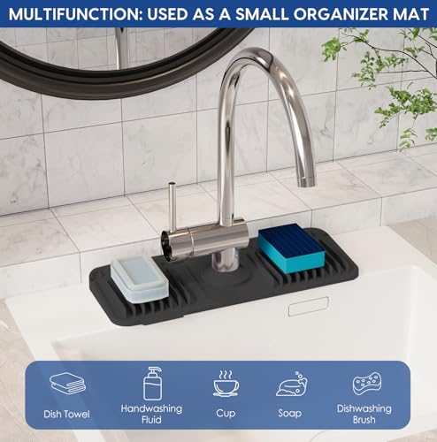 14.6 Inch Silicone Faucet Mat for Kitchen Sink Splash Guard, 7° Slope | 14.6"x5.5" water draining mat with fasten button; 1.6-2.75" customizable hole for bathroom, RV & kitchen sink drip catcher.