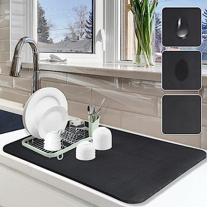 Dish Drying Mat for Kitchen Counter, 16"x24" Pad with Rubber Backed (Black) | Hide Stain Anti Absorbent for Kitchen Counter, Non-slip Drying Mat for Coffee Machine Dish Rack - size: 16" x 24"