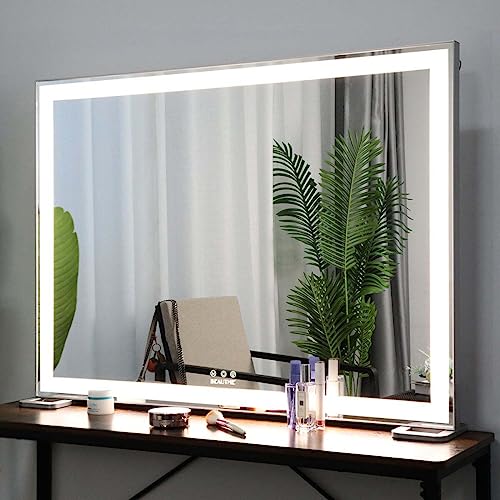 ANYHI Large Vanity Mirror with Light, 36.2" x 26.8" Hollywood Lighted Vanity Mirror, 10X Magnification, Smart Touch Control, 3 Color Modes, Memory Function, Tabletop or Wall Mount, Silver - color: Silver, size: 36.2"L x 26.8"W