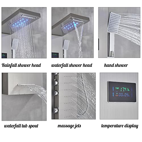 LED Light Shower Panel Tower Rainfall Waterfall Shower Head with Massager Jets Body System Jet Black B (Color : Brushed Nickel C) - color: Brushed Nickel C