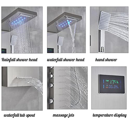 LED Light Shower Panel Tower Rainfall Waterfall Shower Head with Massager Jets Body System Jet Black B (Color : Brushed Nickel C) - color: Brushed Nickel C
