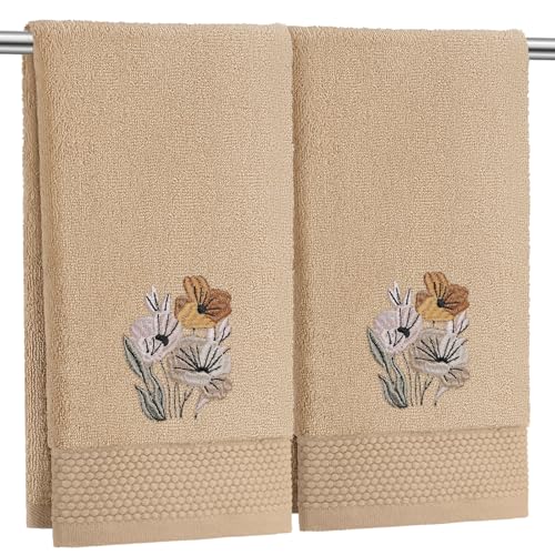 SmoothNovelty 2 Pcs Neutral Boho Floral Hand Towels Light Khaki Bathroom Decor 14x29 Inch Embroidered 100% Cotton Soft Absorbent Spring Summer Decorative Hand Towels for Bathroom Kitchen - style: Neutral Boho Floral