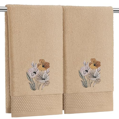 SmoothNovelty 2 Pcs Neutral Boho Floral Hand Towels Light Khaki Bathroom Decor 14x29 Inch Embroidered 100% Cotton Soft Absorbent Spring Summer Decorative Hand Towels for Bathroom Kitchen - style: Neutral Boho Floral