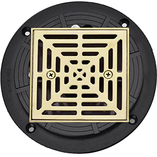RANDOM Brushed Gold Shower Drain 4 inch Square Shower Drain with Adjustable PVC Base Flange,SUS304 Stainless Steel Shower Floor Drain with Removable Cover Grid Grate - color: B-brushed Gold-4″ Square With Base Flange